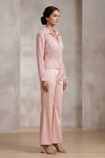 Buy_Thetaa_Pink Organza, Satin Collared Neck Aura Stripe Pattern Jacket With Pant _Online_at_Aza_Fashions