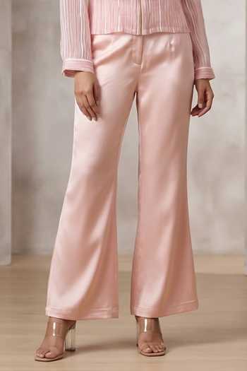 Shop_Thetaa_Pink Organza, Satin Collared Neck Aura Stripe Pattern Jacket With Pant _Online_at_Aza_Fashions