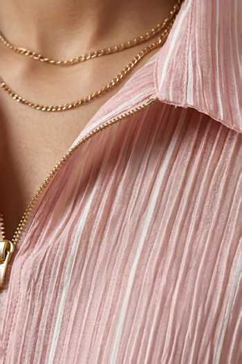 Thetaa_Pink Organza, Satin Collared Neck Aura Stripe Pattern Jacket With Pant _at_Aza_Fashions