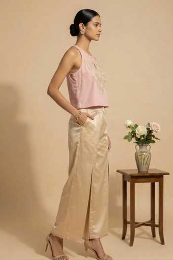 Thetaa_Beige Cotton, Satin Keyhole Neck Noor Hand Embroidered Top With Pant _Online_at_Aza_Fashions