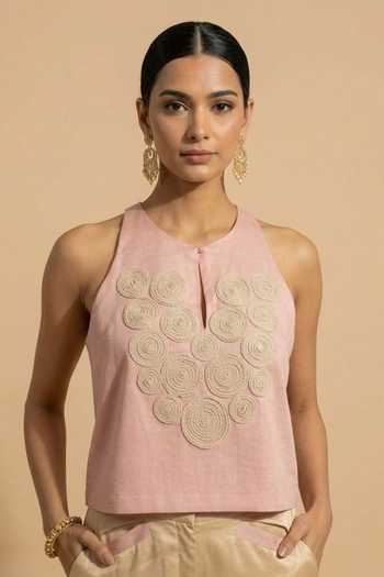 Buy_Thetaa_Beige Cotton, Satin Keyhole Neck Noor Hand Embroidered Top With Pant _Online_at_Aza_Fashions