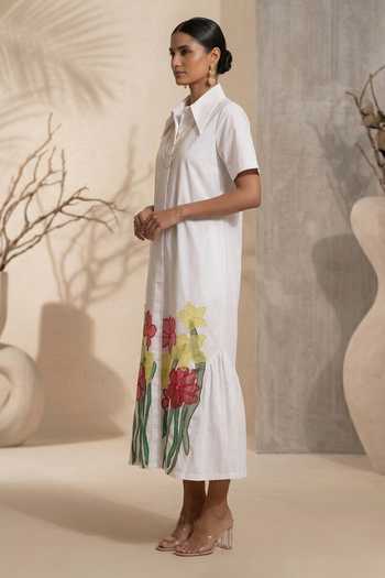Thetaa White Cotton, Poplin Collared Neck Cerise Floral Pattern Dress Online at Aza Fashions Thetaa_White Cotton, Poplin Collared Neck Cerise Floral Pattern Dress _Online_at_Aza_Fashions
