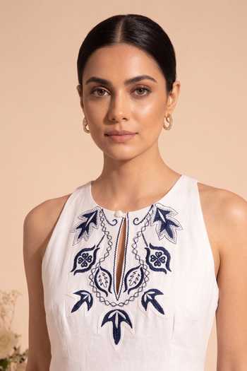 Thetaa_Blue Cotton, Linen Halter Neck Indira Hand Embroidered Dress _Online_at_Aza_Fashions