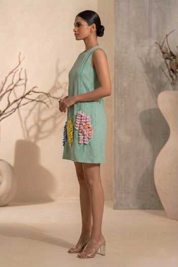 Thetaa_Green Cotton, Chanderi Round Neck Aveline Applique Dress _Online_at_Aza_Fashions
