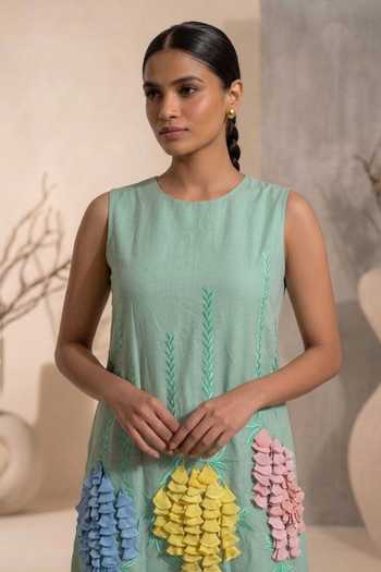 Buy_Thetaa_Green Cotton, Chanderi Round Neck Aveline Applique Dress _Online_at_Aza_Fashions