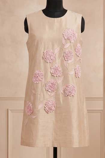 Thetaa_Pink Cotton, Chanderi Round Neck Fleur Hand Embroidered Dress _Online_at_Aza_Fashions