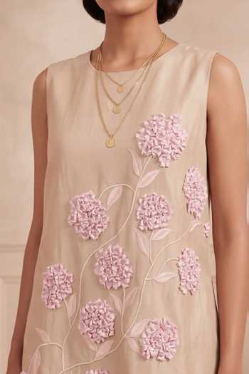 Buy_Thetaa_Pink Cotton, Chanderi Round Neck Fleur Hand Embroidered Dress _Online_at_Aza_Fashions