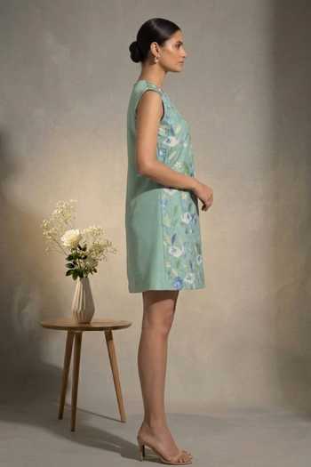 Thetaa_Green Cotton, Chanderi Round Neck Elowen Hand Embroidered Dress _Online_at_Aza_Fashions