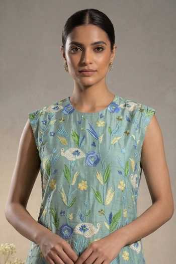 Buy_Thetaa_Green Cotton, Chanderi Round Neck Elowen Hand Embroidered Dress _Online_at_Aza_Fashions