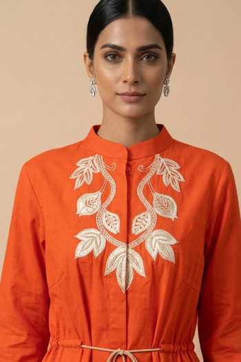Thetaa Beige Cotton Satin Mandarin Collar Iraaya Hand Embroidered Dress Online at Aza Fashions Thetaa_Beige Cotton Satin Mandarin Collar Iraaya Hand Embroidered Dress _Online_at_Aza_Fashions