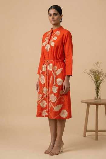 Buy Thetaa Beige Cotton Satin Mandarin Collar Iraaya Hand Embroidered Dress Online at Aza Fashions Buy_Thetaa_Beige Cotton Satin Mandarin Collar Iraaya Hand Embroidered Dress _Online_at_Aza_Fashions