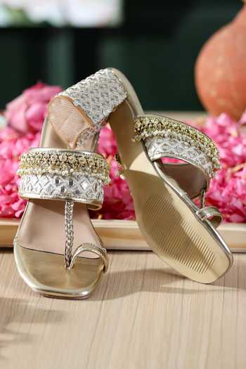 5elements_Gold Tavishi Embroidered Kolhapuri Heels _at_Aza_Fashions