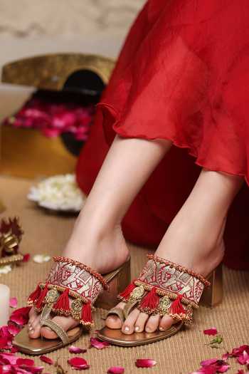 Shop 5elements Gold Zarina Embroidered Mule Heels Online at Aza Fashions Shop_5elements_Gold Zarina Embroidered Mule Heels _Online_at_Aza_Fashions