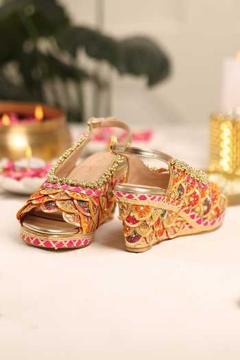 Shop 5elements Gold Akira Embroidered Wedges Online at Aza Fashions Shop_5elements_Gold Akira Embroidered Wedges _Online_at_Aza_Fashions