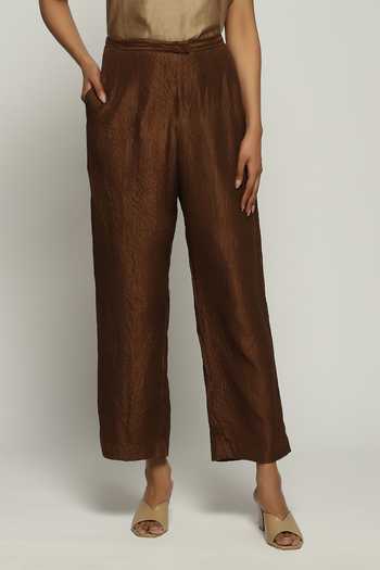 Shop_Abraham And Thakore_Brown Silk Straight Fit Plain Pant _Online_at_Aza_Fashions
