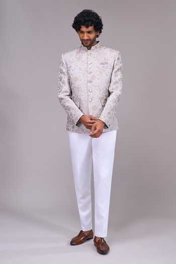 Arihant Rai Sinha Ivory Satin Embroidery, Zari Floral Pattern Bandhgala at Aza Fashions Arihant Rai Sinha_Ivory Satin Embroidery, Zari Floral Pattern Bandhgala _at_Aza_Fashions
