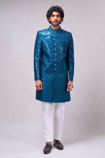 Buy_Arihant Rai Sinha_Green Silk, Satin, Dupion Overlap Sherwani And Pant Set _Online_at_Aza_Fashions