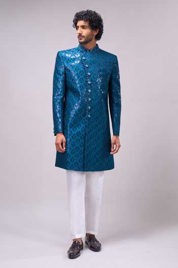 Shop_Arihant Rai Sinha_Green Silk, Satin, Dupion Overlap Sherwani And Pant Set _Online_at_Aza_Fashions