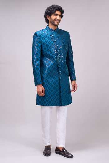 Buy_Arihant Rai Sinha_Green Silk, Satin, Dupion Overlap Sherwani And Pant Set 