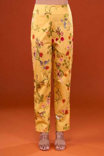 Anamika Khanna_Mustard Round Neck Printed Kurta Set _at_Aza_Fashions