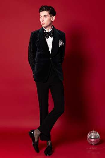 Shop_Amrit Dawani_Black Velvet, Cotton, Polyester Crystals Tuxedo Pant Set _Online_at_Aza_Fashions
