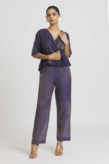 Urvashi Kaur_Purple Tissue, Cotton, Silk Embroidery Metallic Straight Pant _at_Aza_Fashions