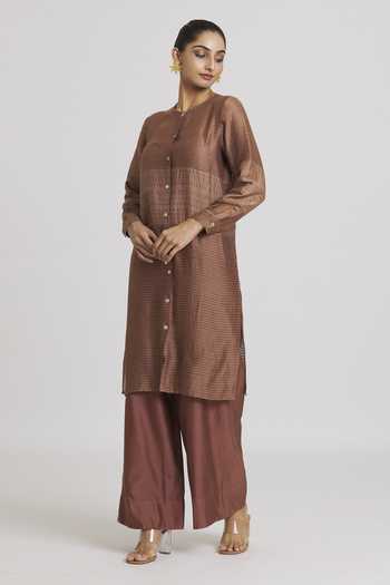 Urvashi Kaur_Brown Chanderi Silk Plain Pant _at_Aza_Fashions