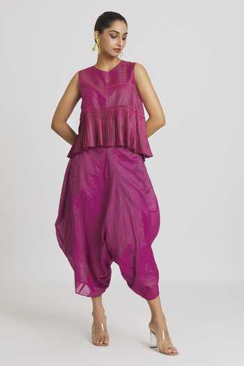 Urvashi Kaur Fuchsia Silk, Tissue Stripe Woven Dhoti Pant at Aza Fashions Urvashi Kaur_Fuchsia Silk, Tissue Stripe Woven Dhoti Pant _at_Aza_Fashions