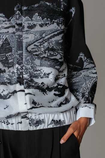Anurag Gupta Black Crepe, Net Mandarin Collar Hokusai Embroidered Bomber Jacket Online at Aza Fashions Anurag Gupta_Black Crepe, Net Mandarin Collar Hokusai Embroidered Bomber Jacket _Online_at_Aza_Fashions