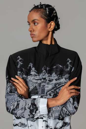 Buy Anurag Gupta Black Crepe, Net Mandarin Collar Hokusai Embroidered Bomber Jacket Online at Aza Fashions Buy_Anurag Gupta_Black Crepe, Net Mandarin Collar Hokusai Embroidered Bomber Jacket _Online_at_Aza_Fashions