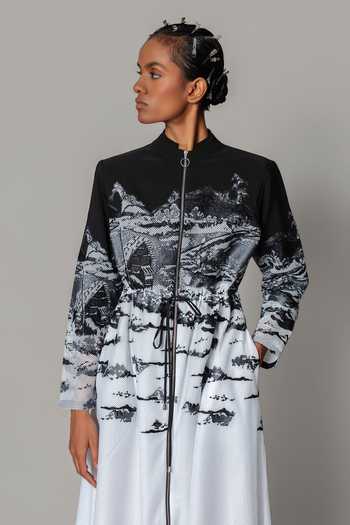 Anurag Gupta_Black Crepe, Net Mandarin Collar Hokusai Embroidered Midi Dress _Online_at_Aza_Fashions