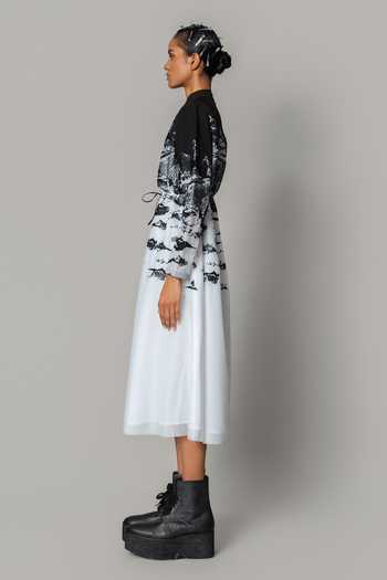 Buy_Anurag Gupta_Black Crepe, Net Mandarin Collar Hokusai Embroidered Midi Dress _Online_at_Aza_Fashions