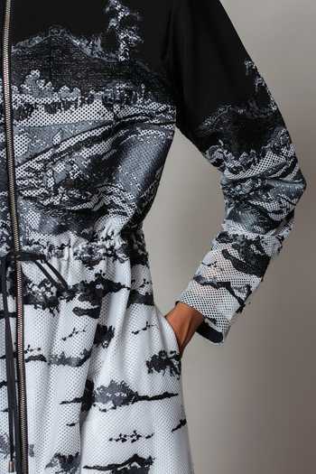Shop_Anurag Gupta_Black Crepe, Net Mandarin Collar Hokusai Embroidered Midi Dress _Online_at_Aza_Fashions