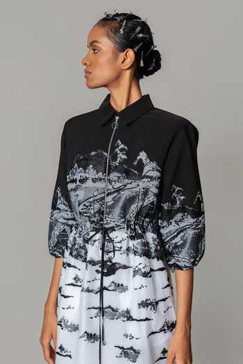 Anurag Gupta Black Crepe, Net Collared Neck Hokusai Embroidered Coat Dress Online at Aza Fashions Anurag Gupta_Black Crepe, Net Collared Neck Hokusai Embroidered Coat Dress _Online_at_Aza_Fashions