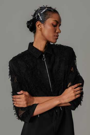 Shop_Anurag Gupta_Black Crepe Mandarin Collar On Map Short Dress _Online_at_Aza_Fashions