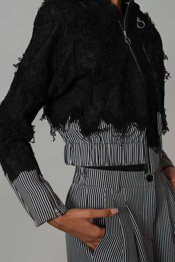 Buy_Anurag Gupta_Black Crepe Mandarin Collar Stripe Pattern Bomber Jacket And Pant Set _Online_at_Aza_Fashions