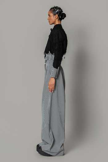 Shop_Anurag Gupta_Black Crepe Mandarin Collar Stripe Pattern Bomber Jacket And Pant Set _Online_at_Aza_Fashions