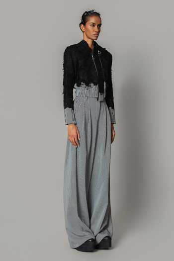 Anurag Gupta_Black Crepe Mandarin Collar Stripe Pattern Bomber Jacket And Pant Set _at_Aza_Fashions