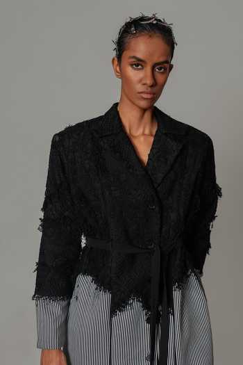 Anurag Gupta_Black Crepe Collared Neck Map With Strips Coat Dress _Online_at_Aza_Fashions