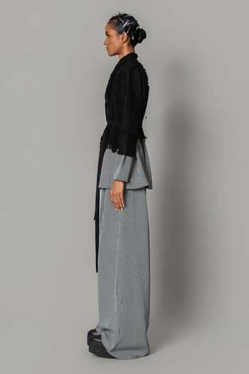 Anurag Gupta_Black Crepe Collared Neck Stripe Pattern Jacket And Trouser Set _Online_at_Aza_Fashions