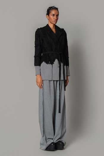 Buy_Anurag Gupta_Black Crepe Collared Neck Stripe Pattern Jacket And Trouser Set _Online_at_Aza_Fashions