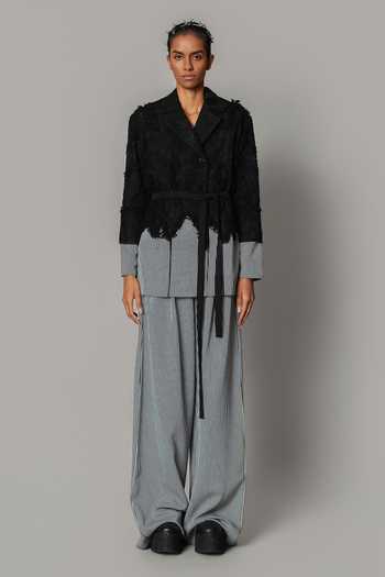 Shop_Anurag Gupta_Black Crepe Collared Neck Stripe Pattern Jacket And Trouser Set _Online_at_Aza_Fashions