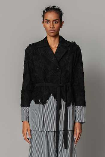 Anurag Gupta_Black Crepe Collared Neck Stripe Pattern Jacket And Trouser Set _at_Aza_Fashions
