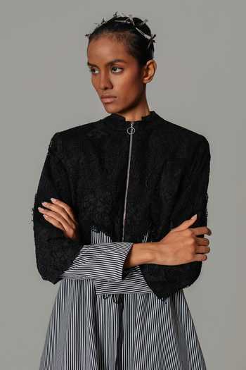 Shop_Anurag Gupta_Black Crepe Mandarin Collar Embroidered Midi Dress _Online_at_Aza_Fashions