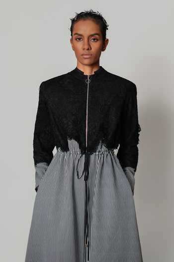Anurag Gupta_Black Crepe Mandarin Collar Embroidered Midi Dress _at_Aza_Fashions