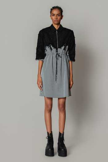 Buy_Anurag Gupta_Black Crepe Collared Neck Stripe Pattern Short Dress _Online_at_Aza_Fashions