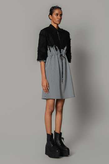 Shop_Anurag Gupta_Black Crepe Collared Neck Stripe Pattern Short Dress _Online_at_Aza_Fashions
