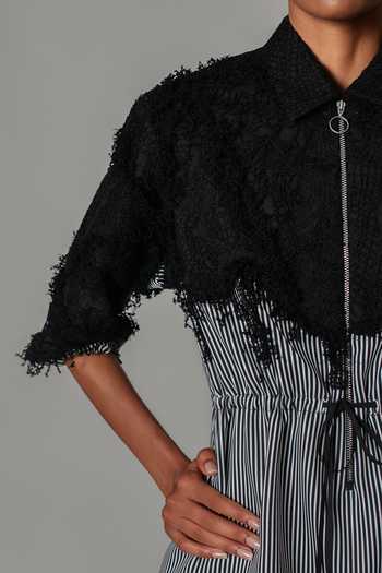 Anurag Gupta_Black Crepe Collared Neck Stripe Pattern Short Dress _at_Aza_Fashions