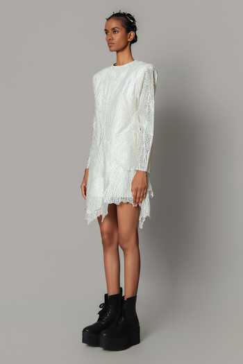 Anurag Gupta_White Organza Round Neck Leaf Short Dress _Online_at_Aza_Fashions