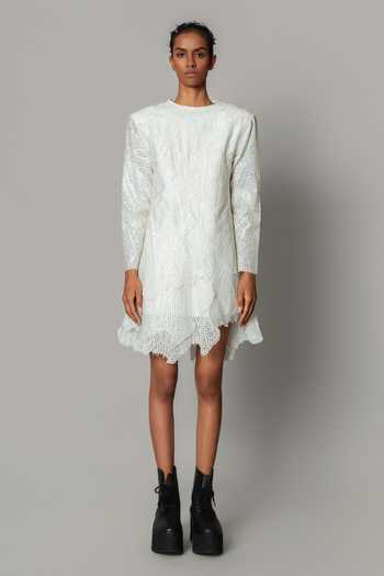 Buy_Anurag Gupta_White Organza Round Neck Leaf Short Dress _Online_at_Aza_Fashions